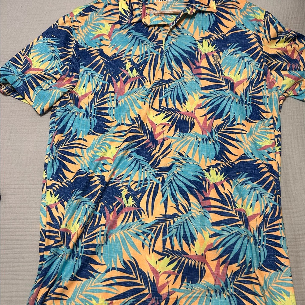 Izod Tropical Leaf Print Polo - Blue & Yellow